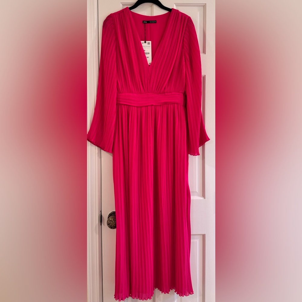 Zara Pleated Hot Pink Long Sleeve Maxi Dress